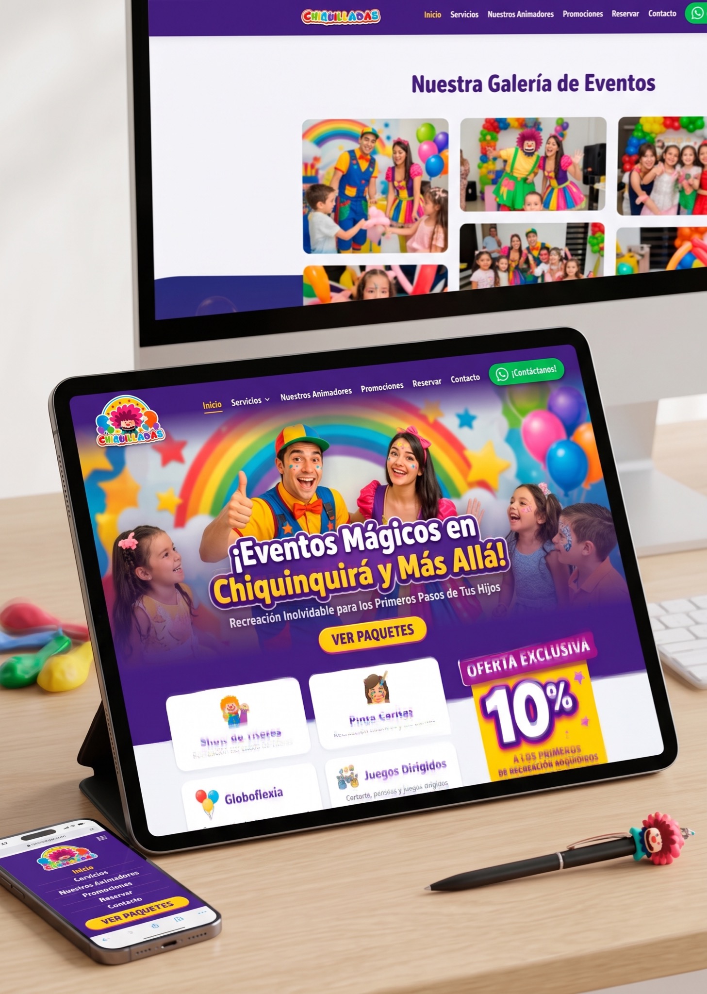 Mockup responsive de la web Chiquilladas en computador, tablet y móvil